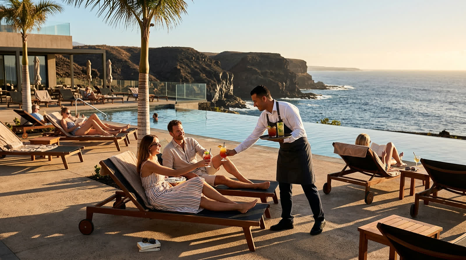 Pool-Deck eines kanarischen Resorthotels am Atlantik im goldenen Abendlicht — Symbolbild Rekord-Hotelpreise 2026