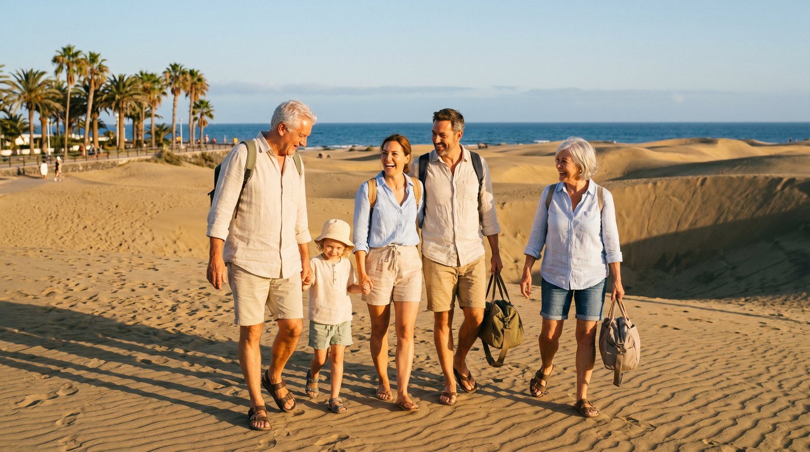 Familia europea multigeneracional caminando por las dunas de Maspalomas en Gran Canaria con luz dorada — imagen simbólica de turistas repetidores