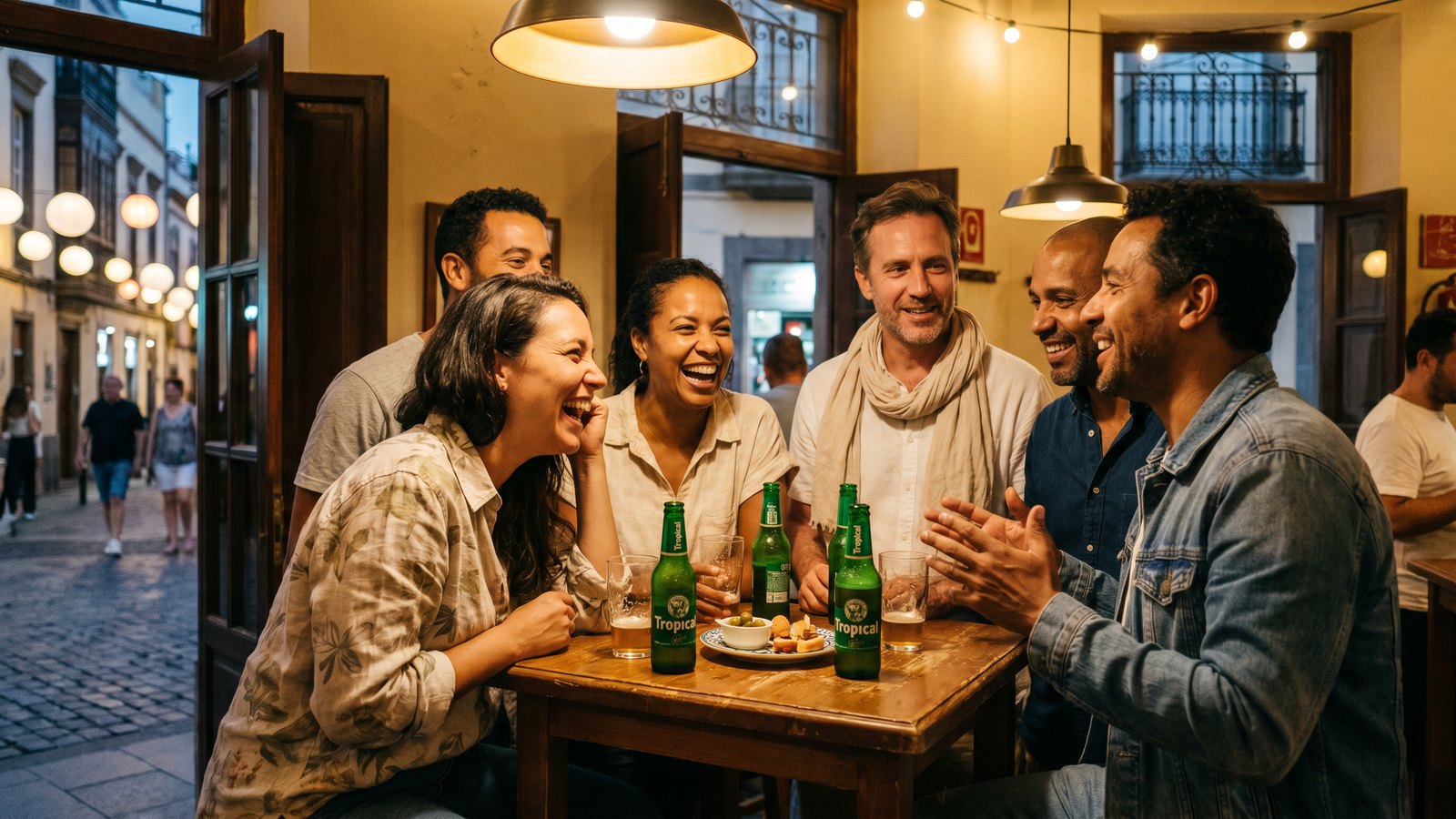 Grupo internacional en una mesa de un bar en Las Palmas, cervezas Tropical, conversación animada al anochecer