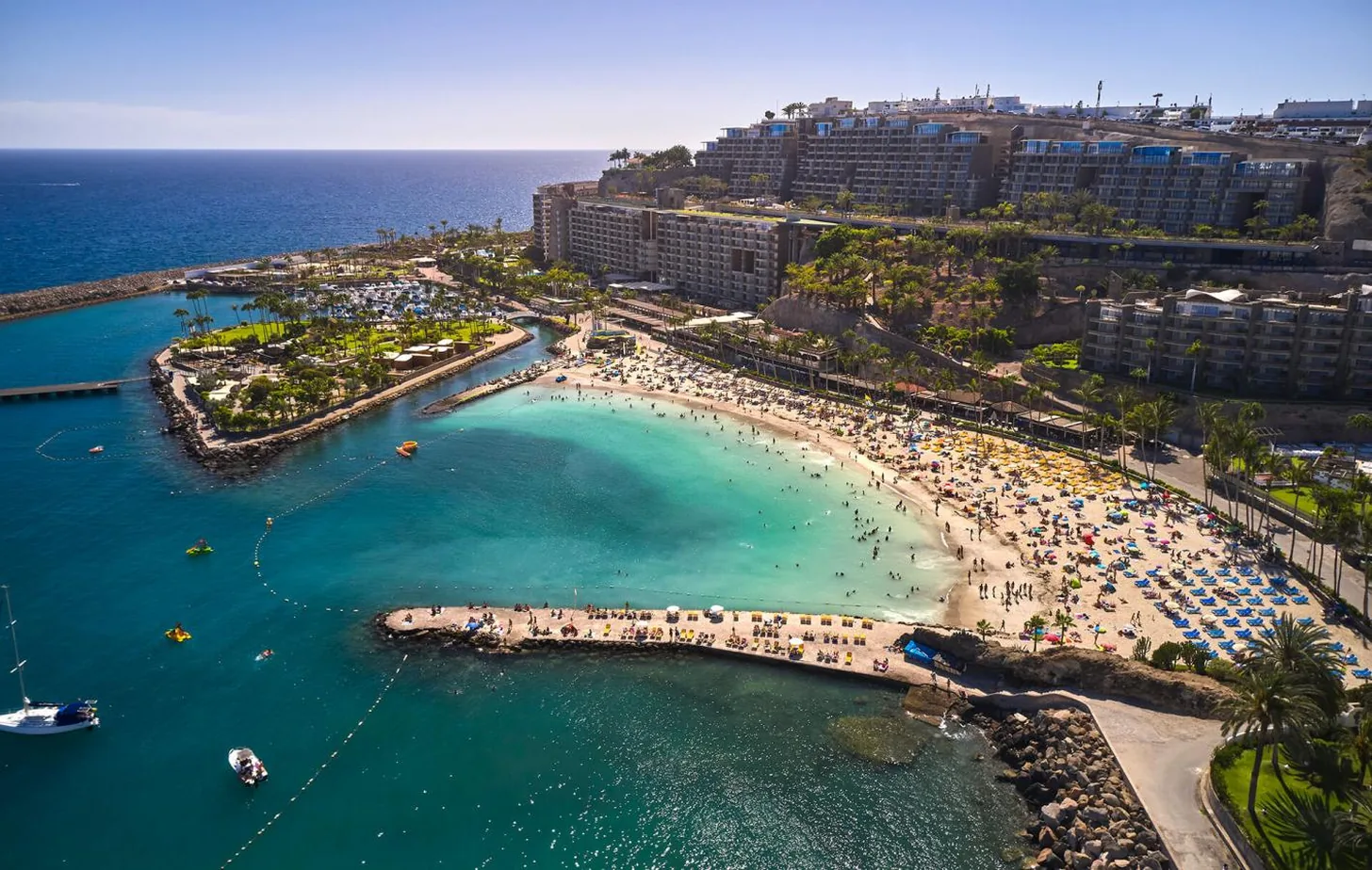 Anfi del Mar with artificial beach and resort complexes in southern Gran Canaria