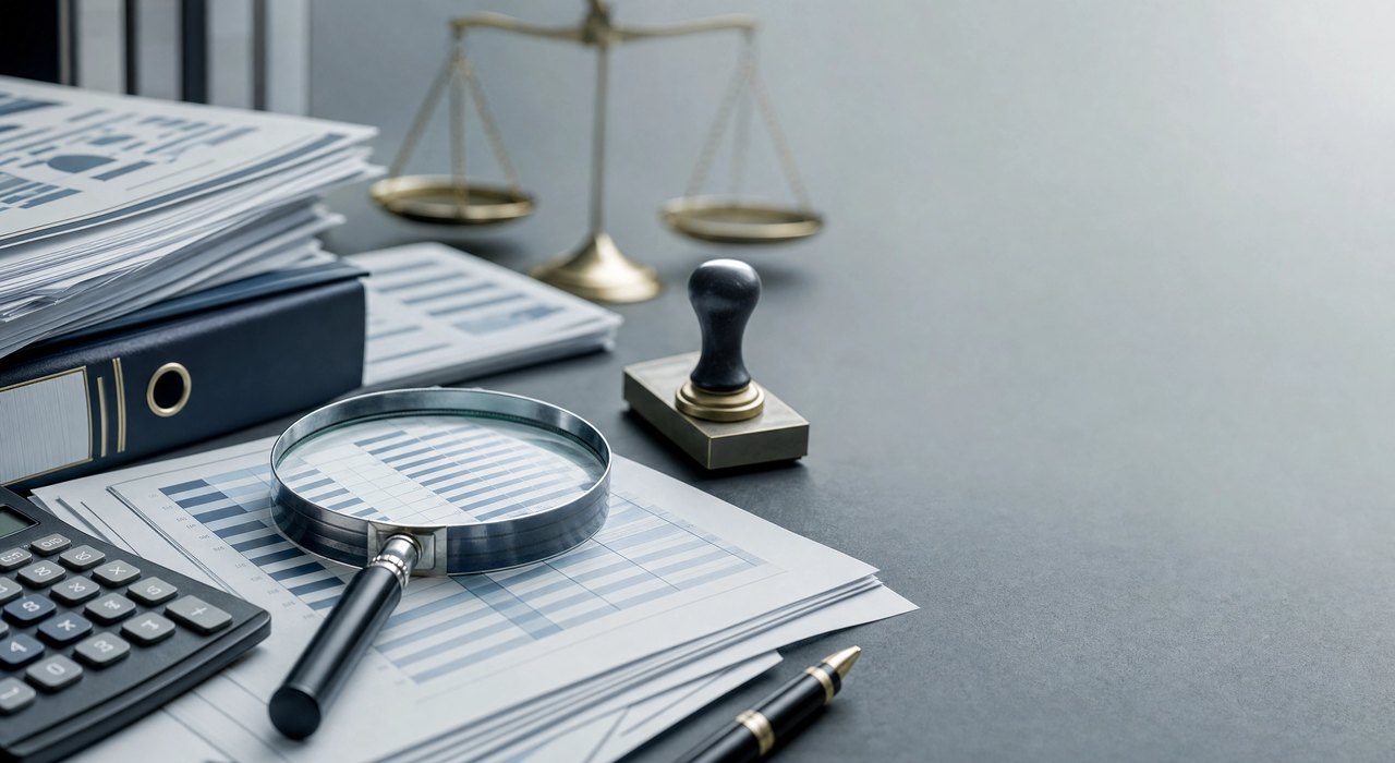 Scales of justice, magnifying glass over financial documents, calculator and folders on grey desk