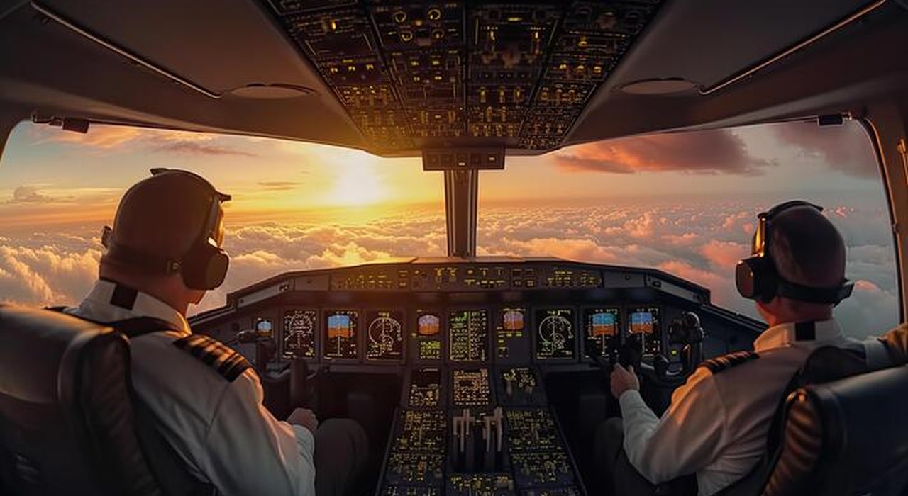 Cabina de vuelo de un avión comercial al atardecer