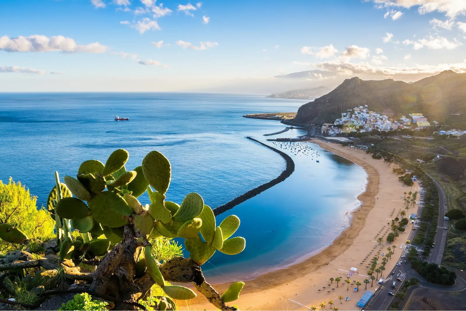 View over Playa de Las Teresitas near San Andres on Tenerife, with golden sand, turquoise water and cacti in the foreground
