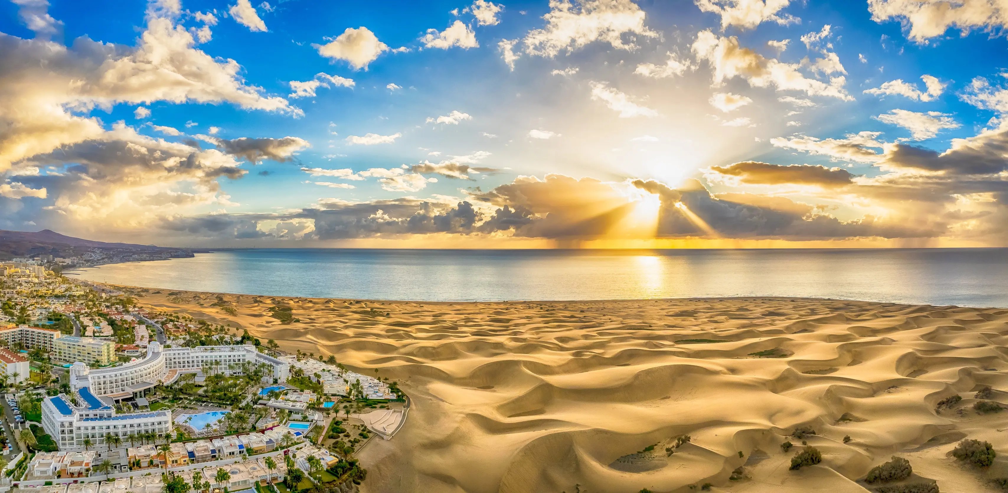 Hotel strip beside the Maspalomas dunes on Gran Canaria at sunrise