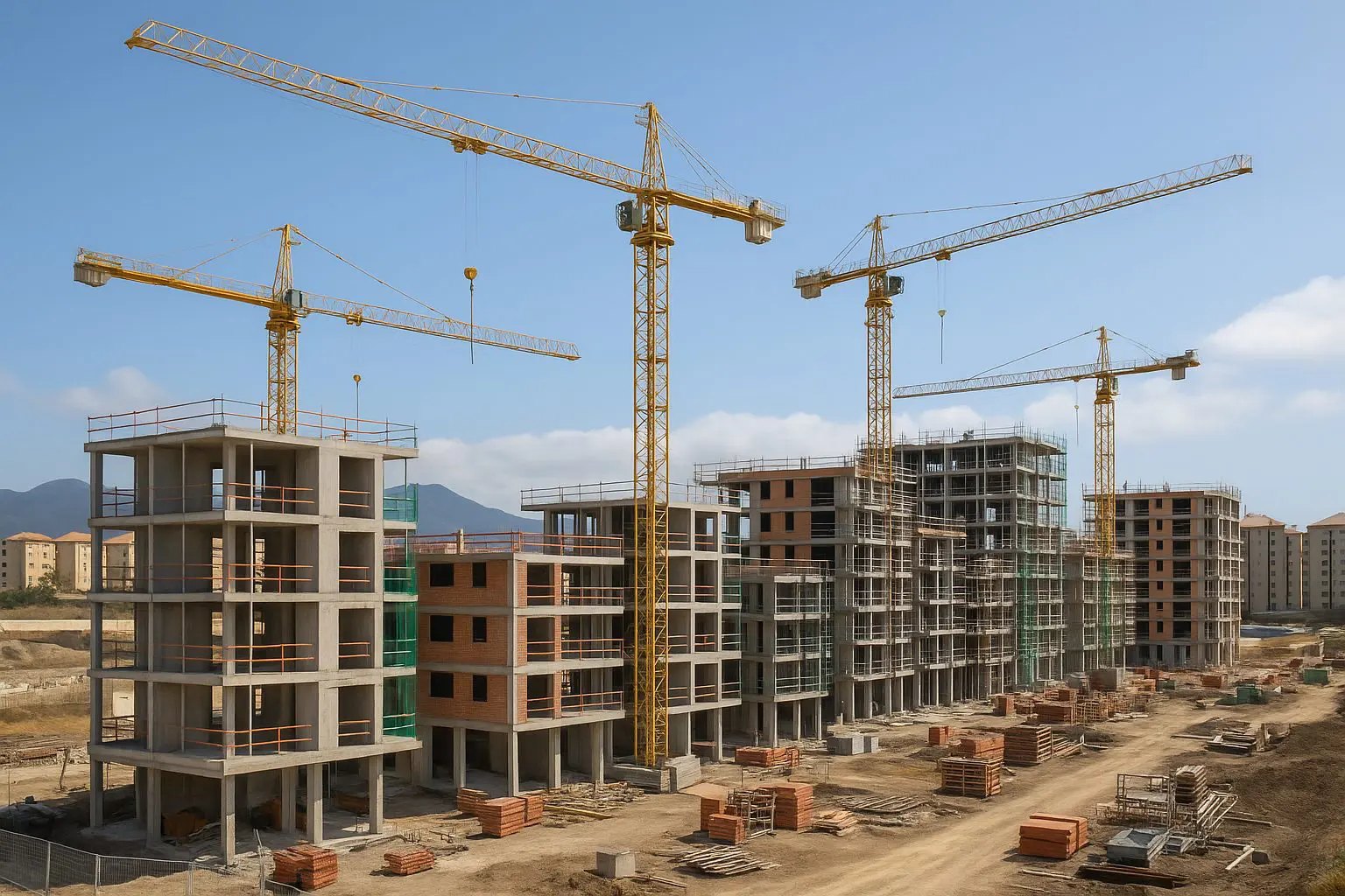 Obra de construcción de viviendas con grúas y edificios en estructura en Canarias