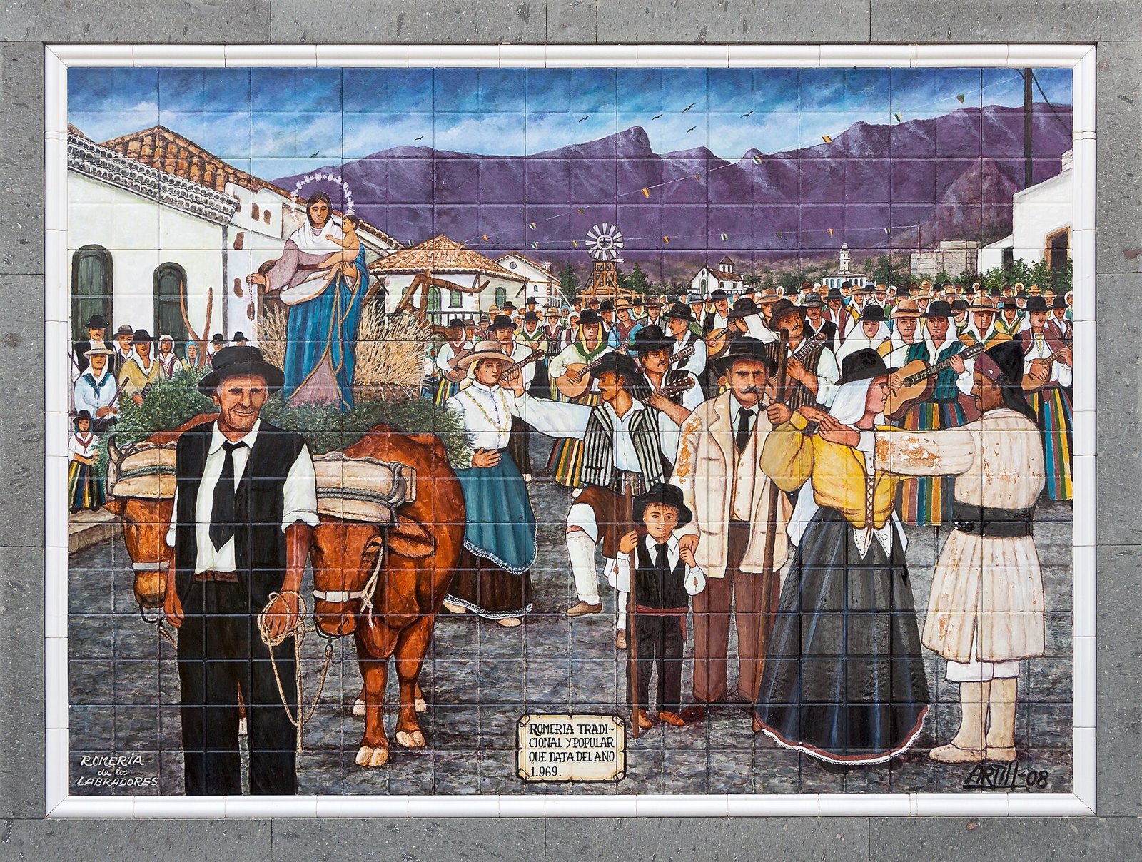 Murale in ceramica di una romería canaria con carro di buoi (immagine simbolica)