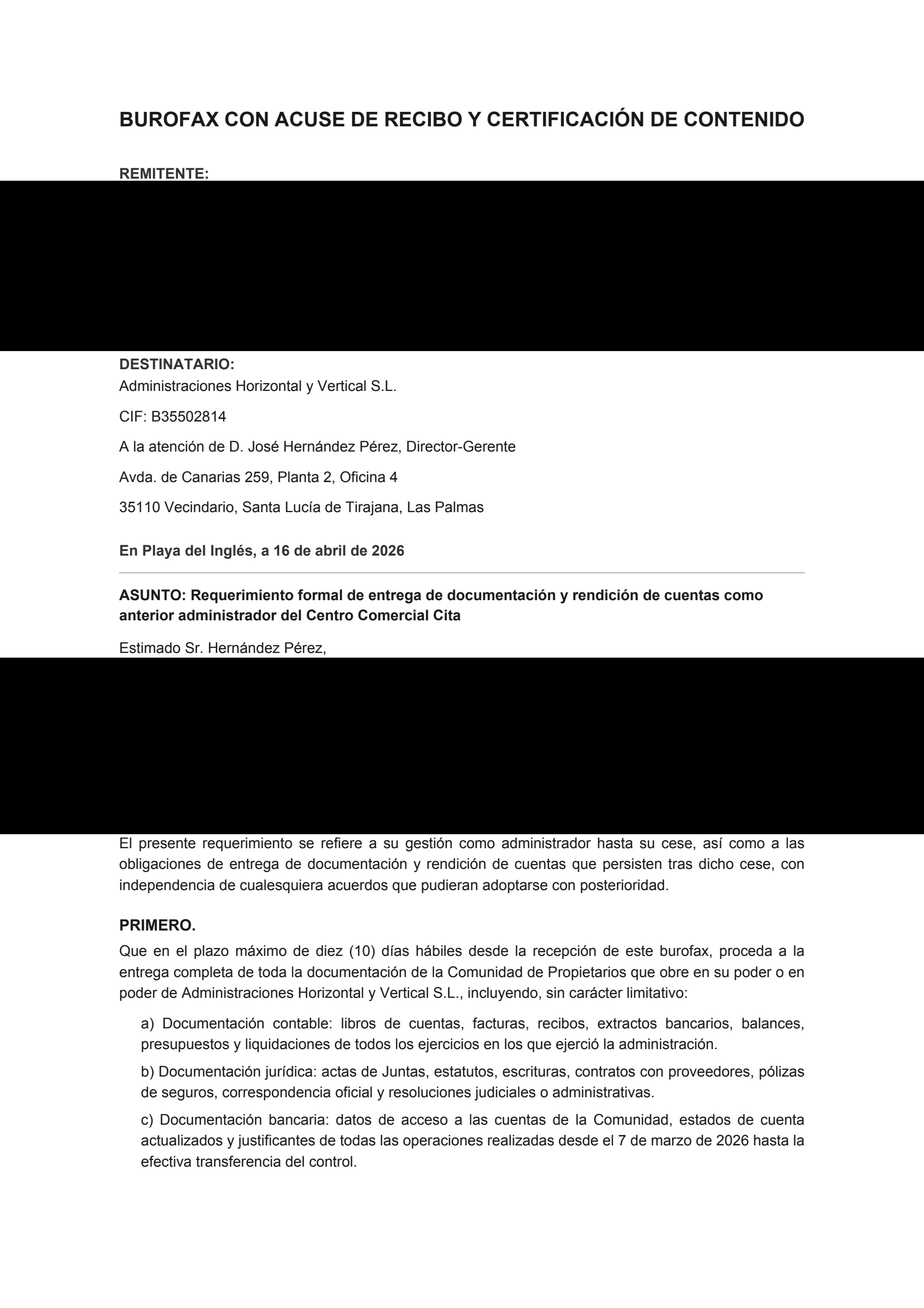 Burofax a Adhover / José Hernández Pérez