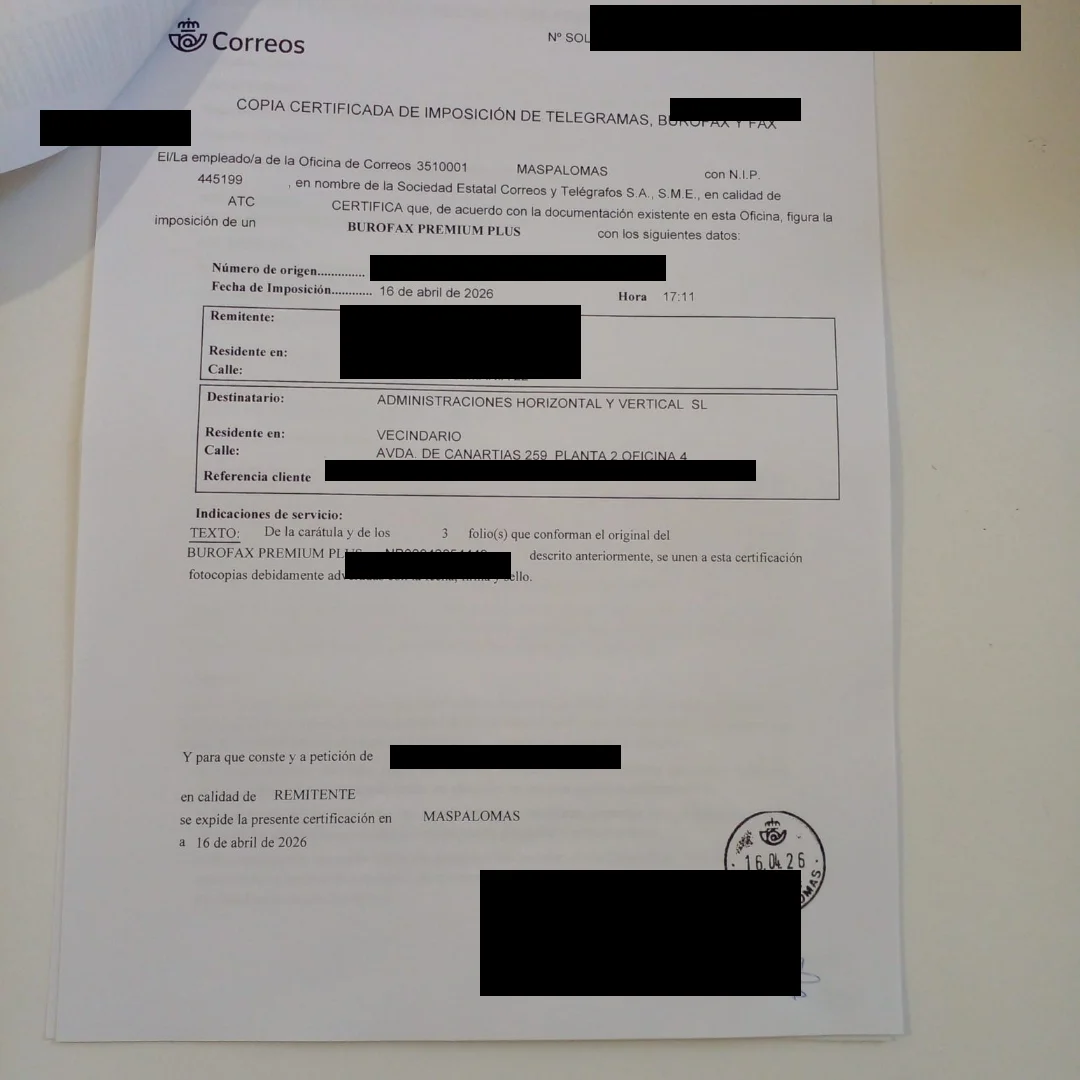Correos-Beleg: Burofax a Adhover