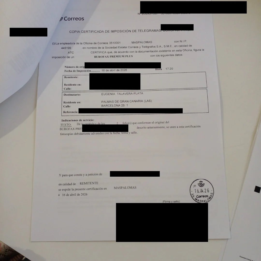 Correos-Beleg: Burofax a Eugenia Talavera Plata
