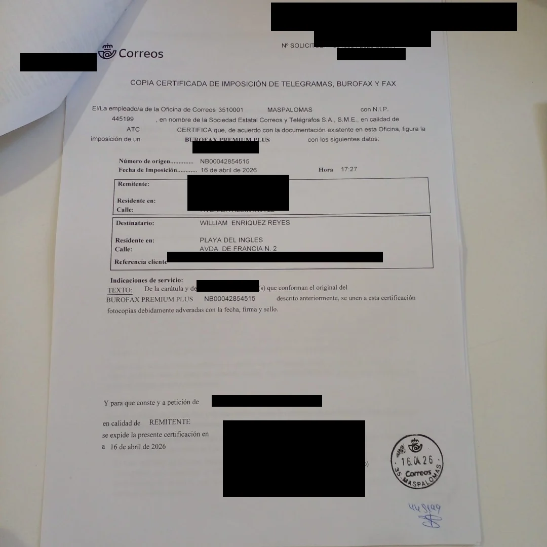 Correos-Beleg: Burofax a William Enrique Reyes (Playa del Inglés)