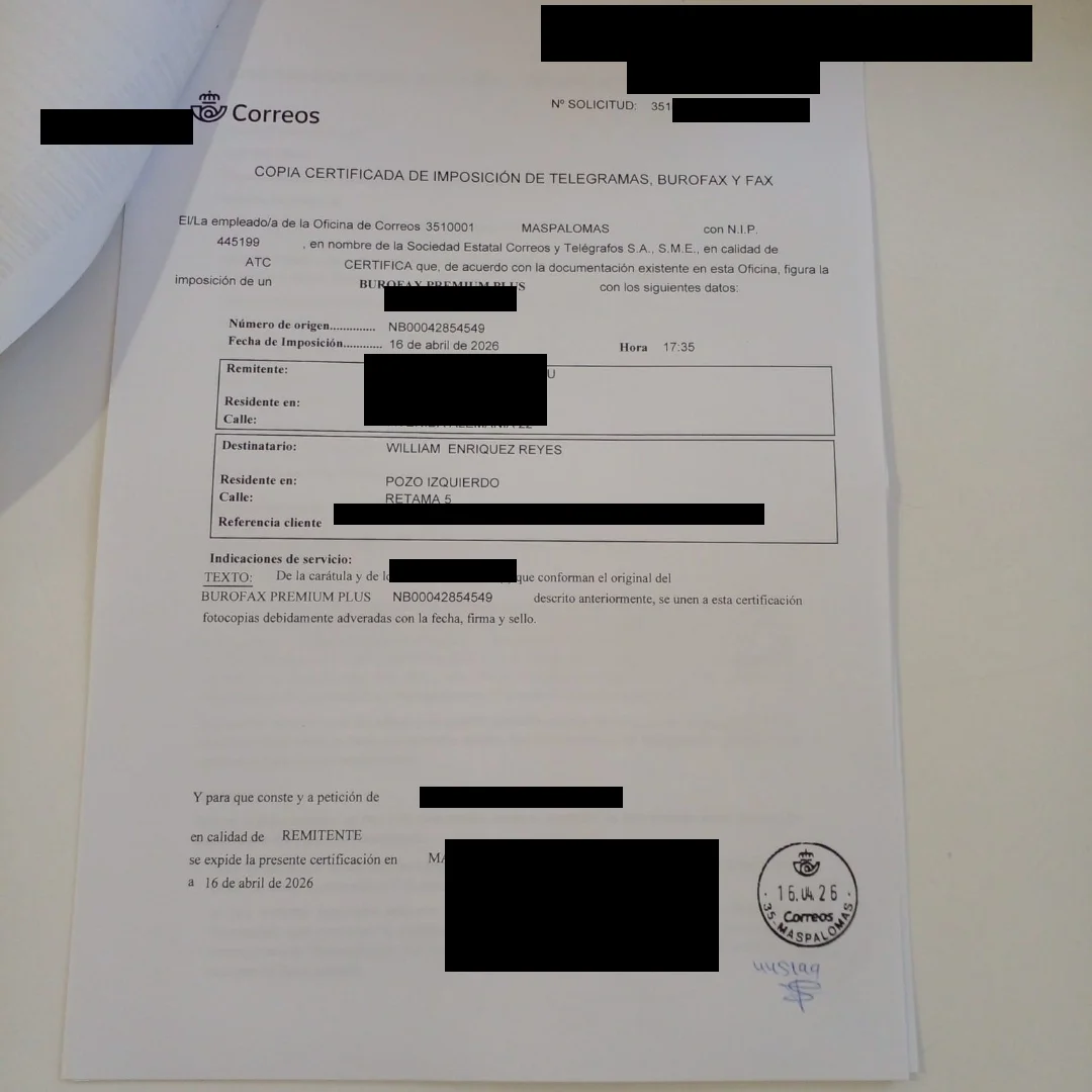 Correos-Beleg: Burofax a William Enrique Reyes (Pozo Izquierdo)