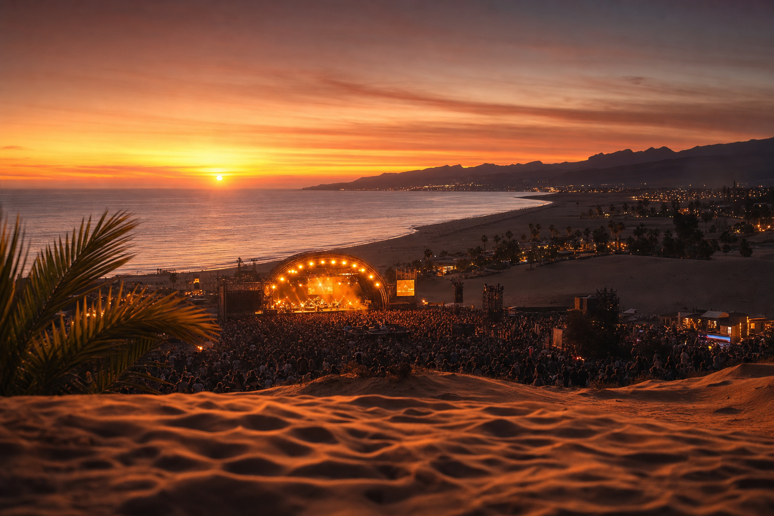 Grafica di sintesi di luglio 2026 a Gran Canaria con otto box di eventi — Granca Live Fest, Sting, Fiesta del Carmen, Maspalomas Soul Festival, Jacob Collier, San Bartolomé Apóstol, la Combustione della Banana e un consiglio di viaggio