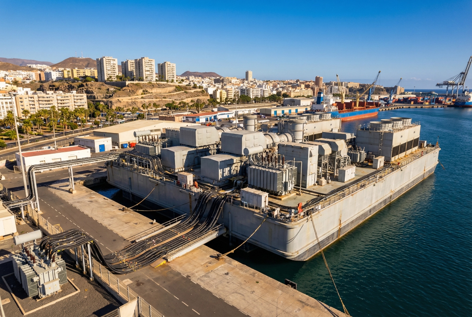 Imagen ilustrativa generada por IA — Central flotante en el puerto de Las Palmas